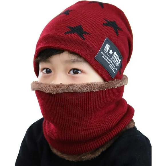 Kids Boys Girls Winter Warm Knit Beanie Hat Cap Neck Scarf Set with Fleece - Picture 6 of 6